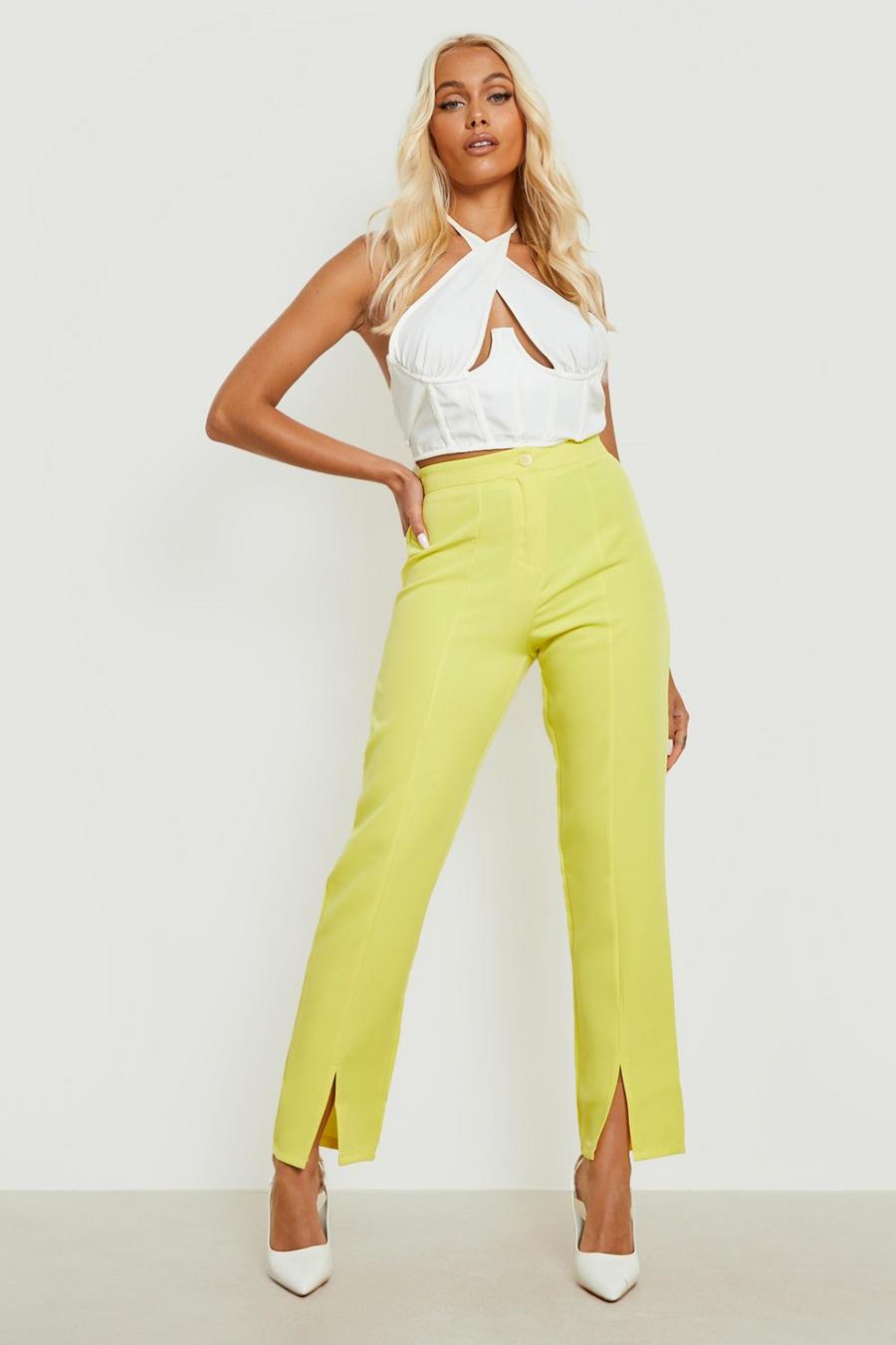 Lemon yellow Split Front Slim Leg Dress Pants
