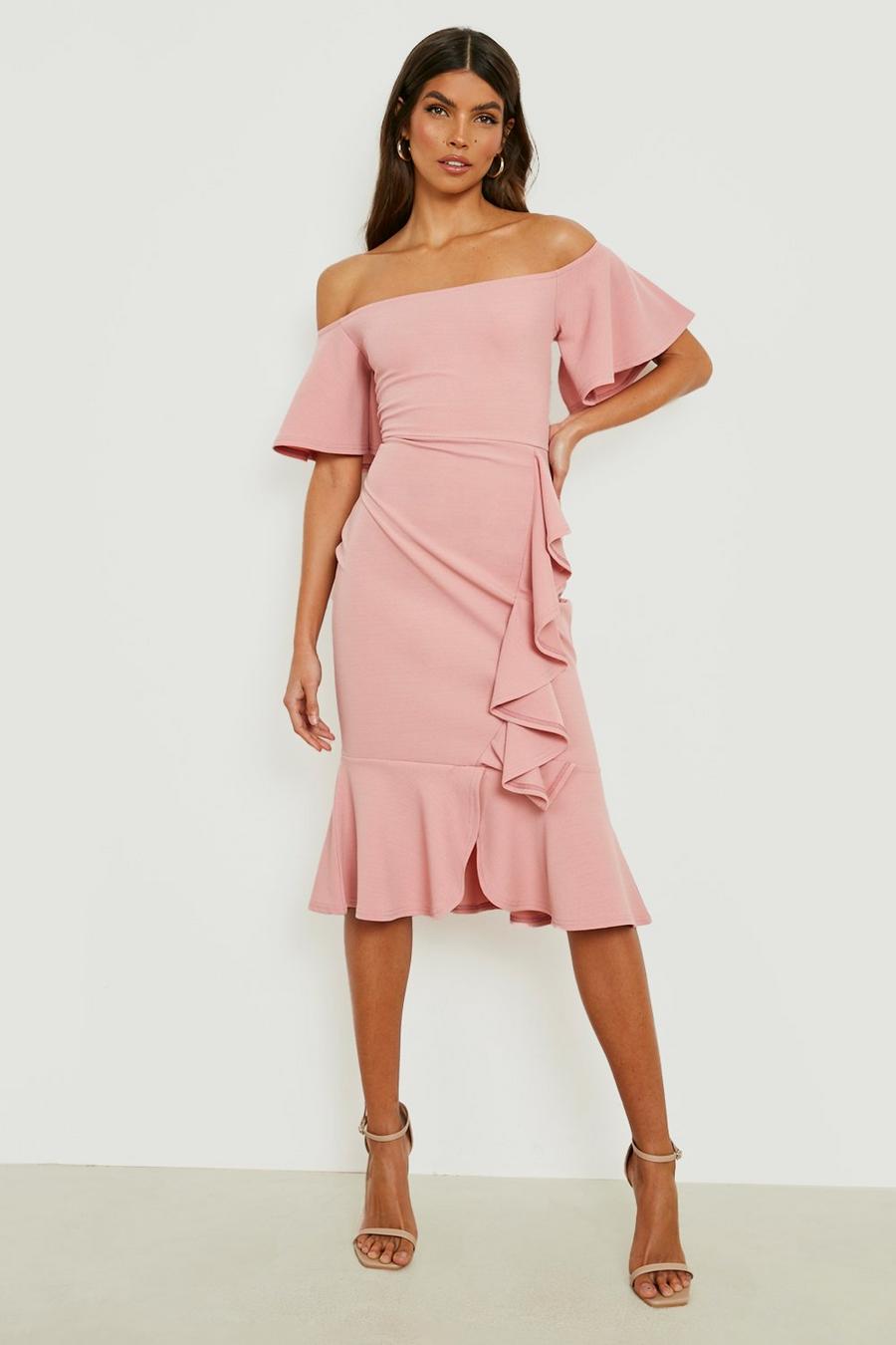 Rose Off The Shoulder Ruffle Occasion Midi Dress image number 1