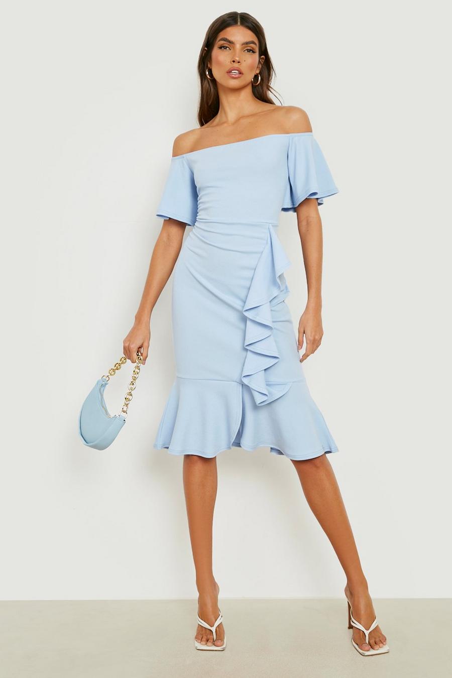Sky blue Bardot Ruffle Occasion Midi Dress
