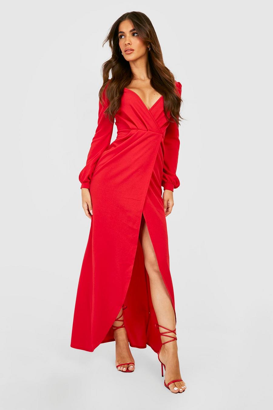 Red Off The Shoulder Wrap Maxi Dress image number 1