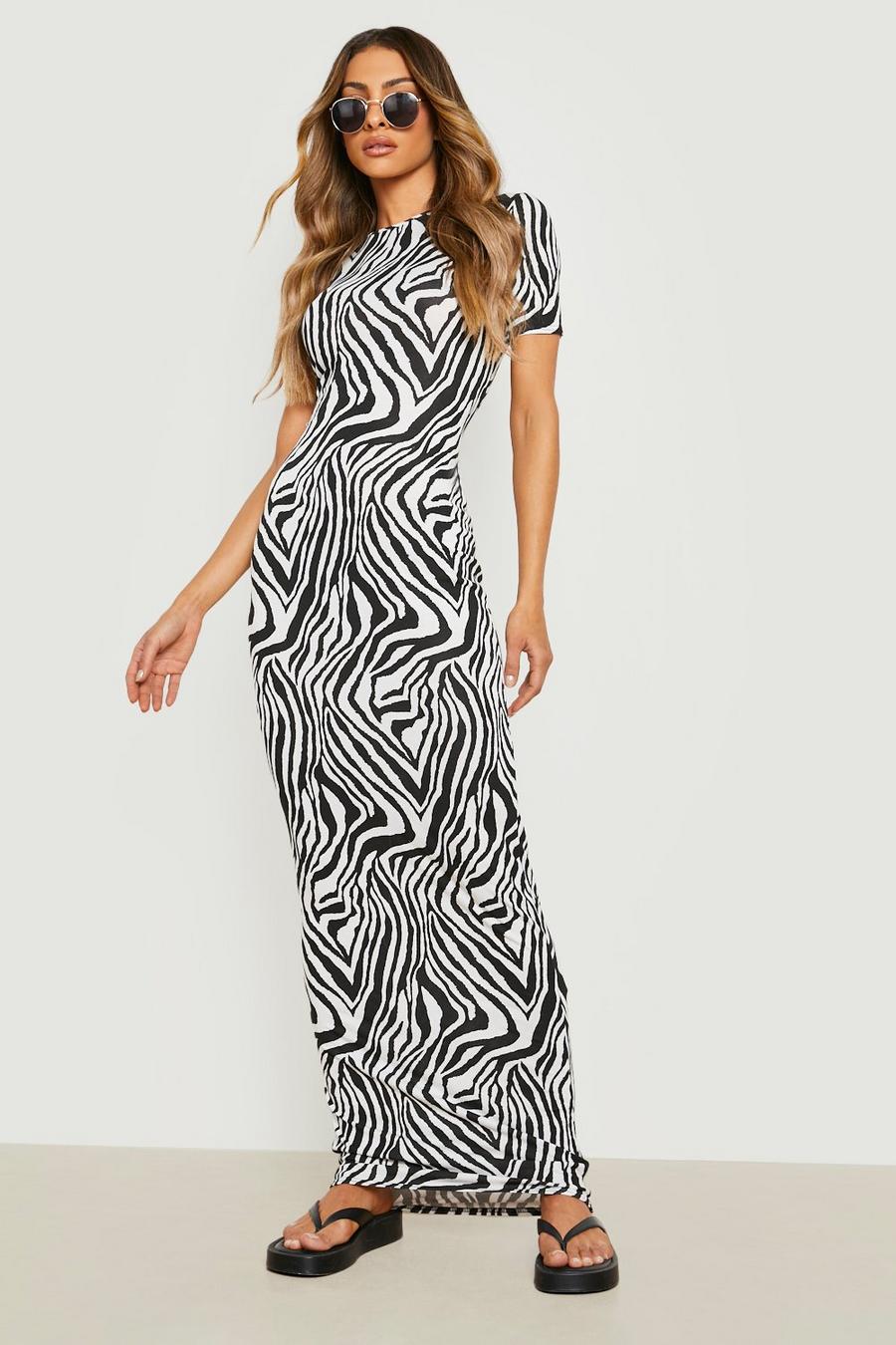 Black Zebra Cap Sleeve Maxi Dress image number 1