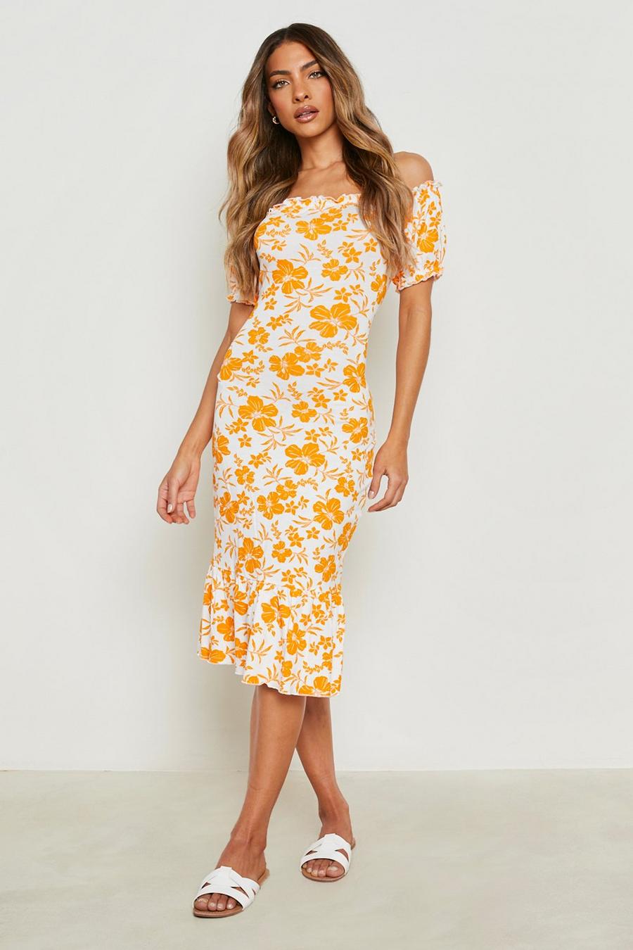 Orange Floral Puff Sleeve Midi Dress
