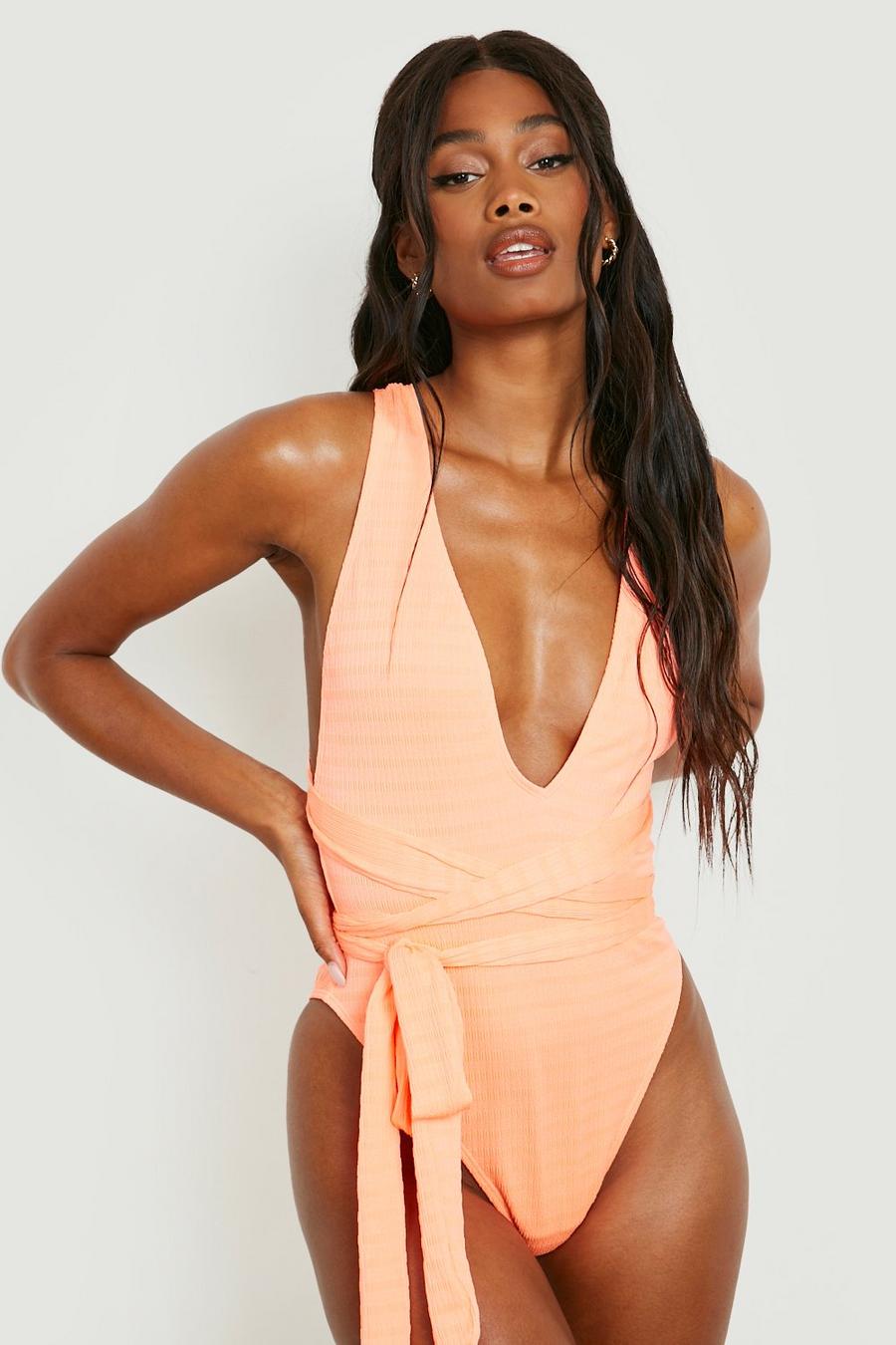 Coral pink Shirred Texture Plunge Wrap Waist Swimsuit