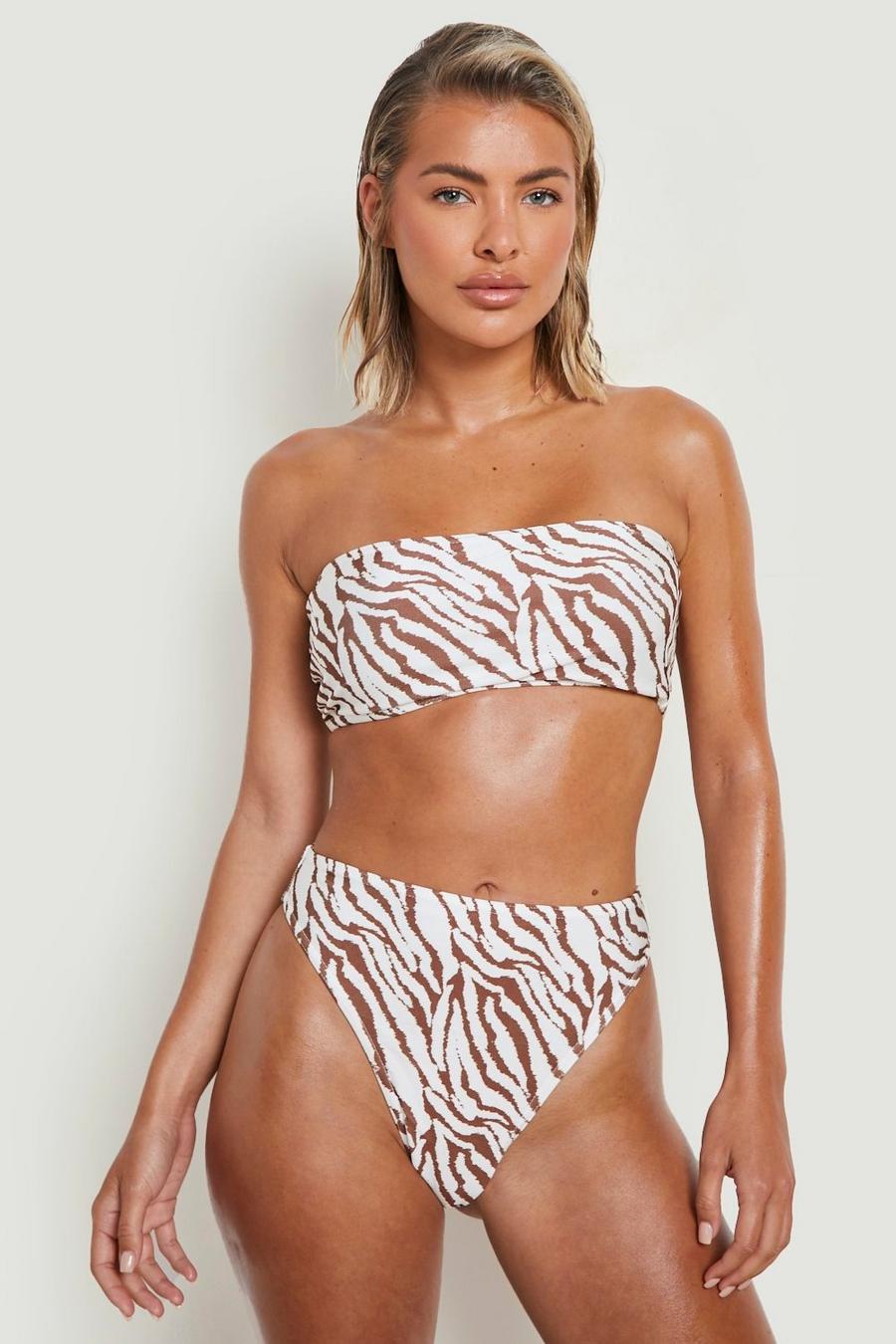 Bikinihose mit hohem Bund und Tigerprint, Cream white