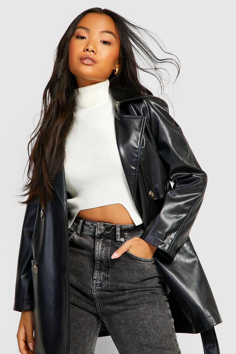 Black Petite Faux Leather Crop Belted Trench Coat image number 1