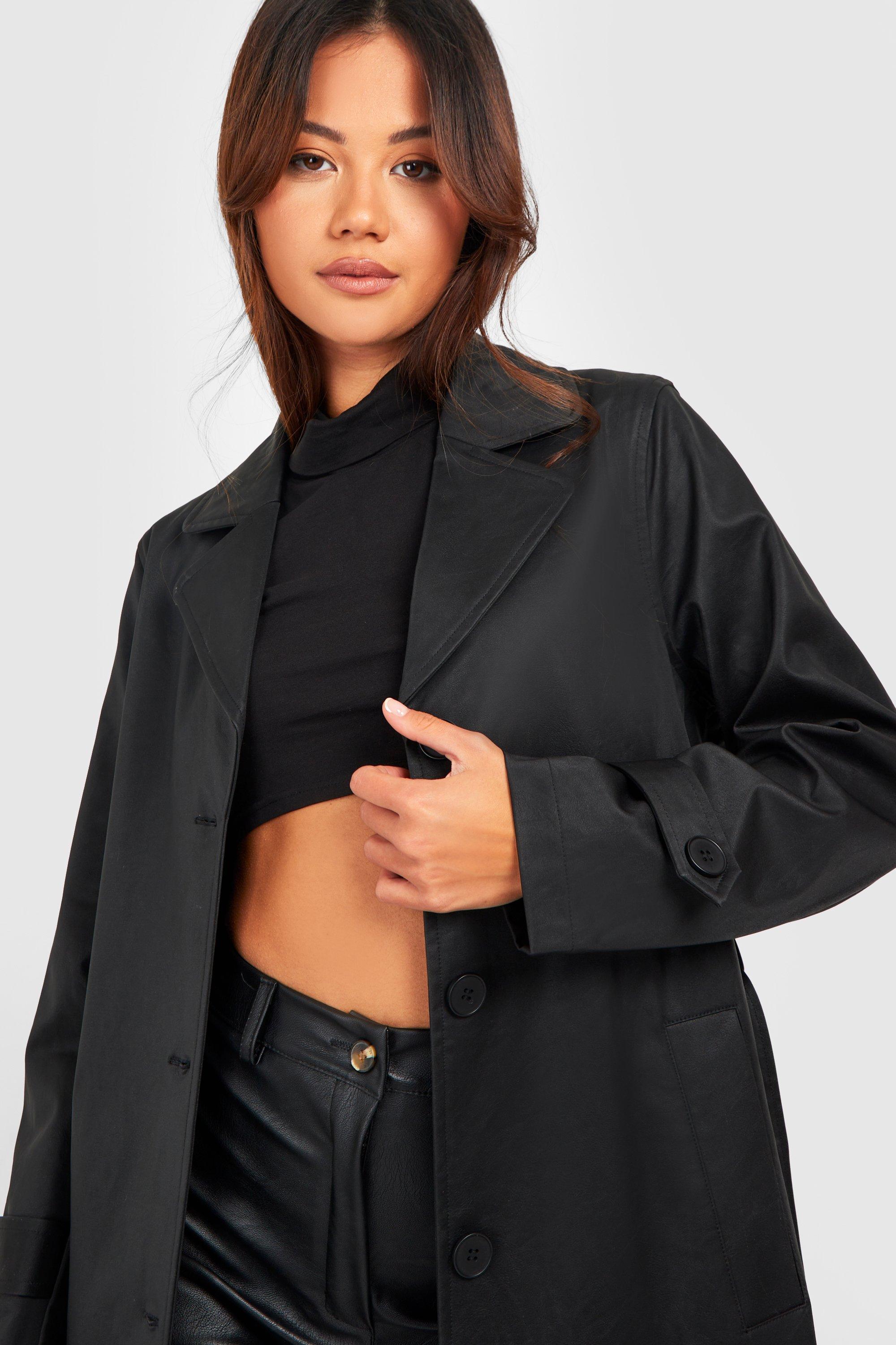 Petite leather trench hot sale coat