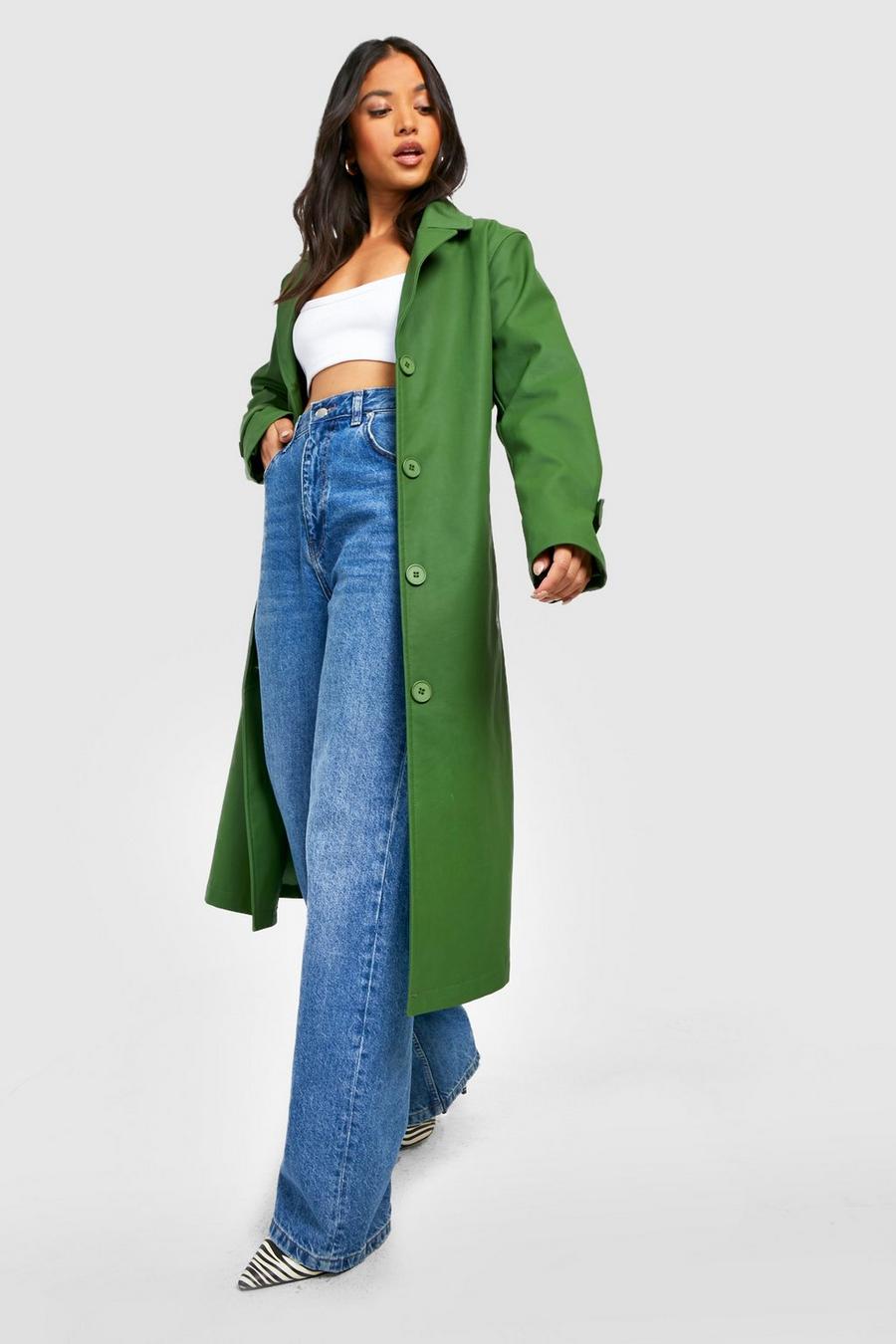 Green Petite Premium Faux Leather Trench Coat image number 1