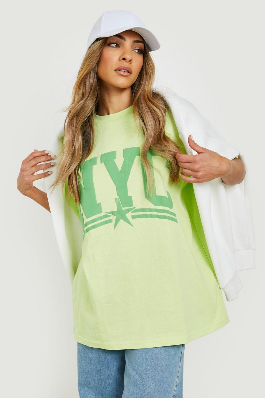 Lime Varsity Nyc Puff Print Tonal Oversized Tshirt image number 1