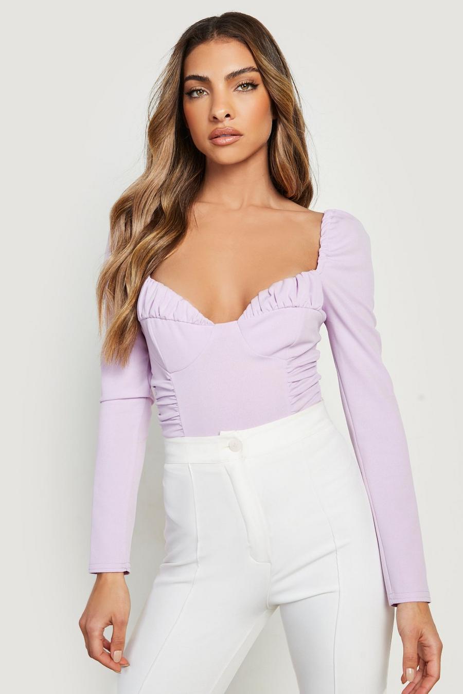 Lilac Ruched Detail Scuba Bodysuit image number 1