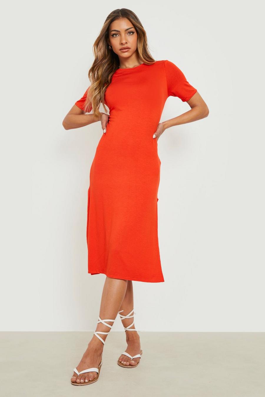Orange Basic Split Midi T-shirt Dress image number 1