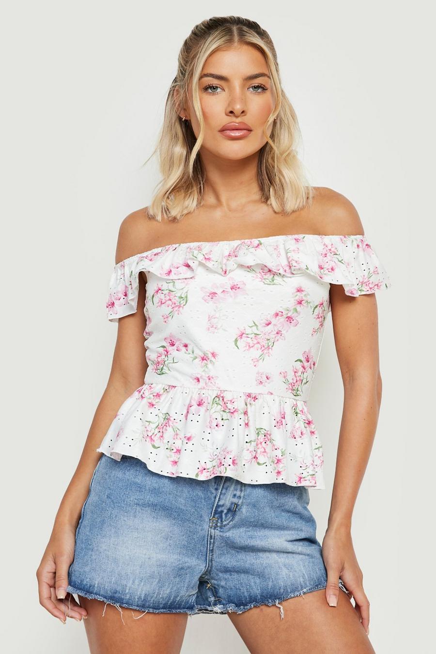 White Floral Broderie Frill Hem Top