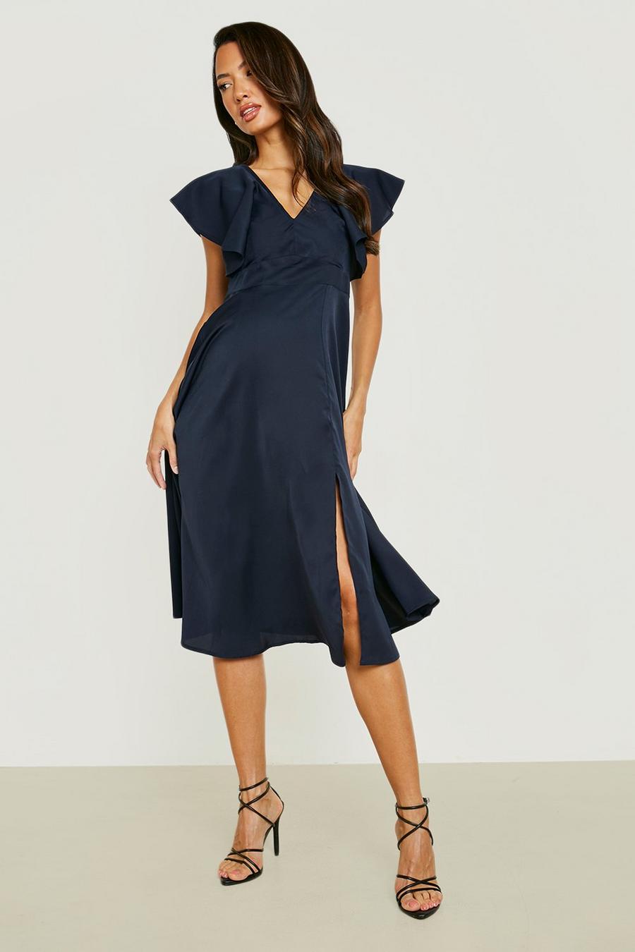 Navy Maternity Occasion Tie Back Frill Midi Dress image number 1