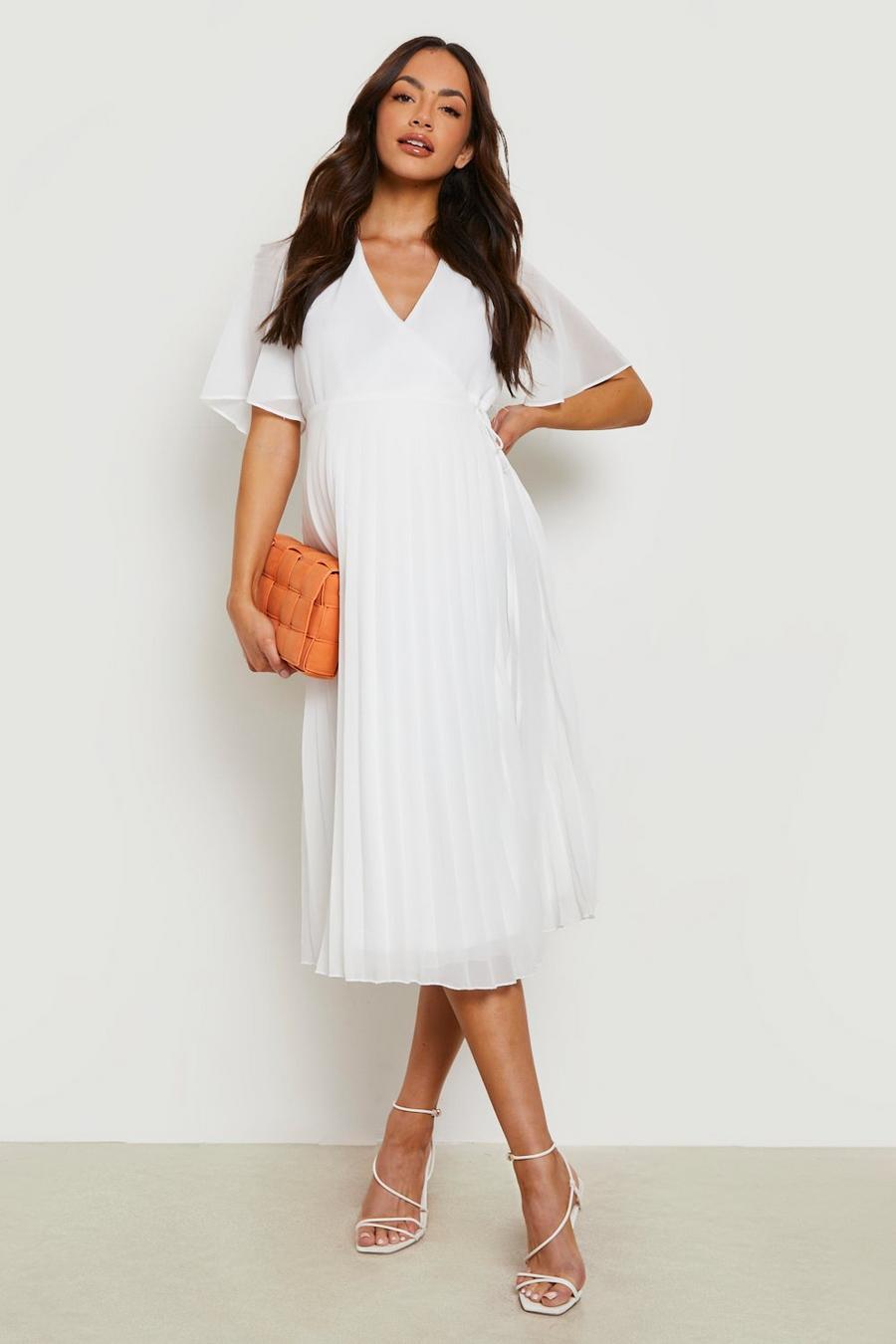 White weiß Maternity Wrap Pleated Skater Midi Dress image number 1