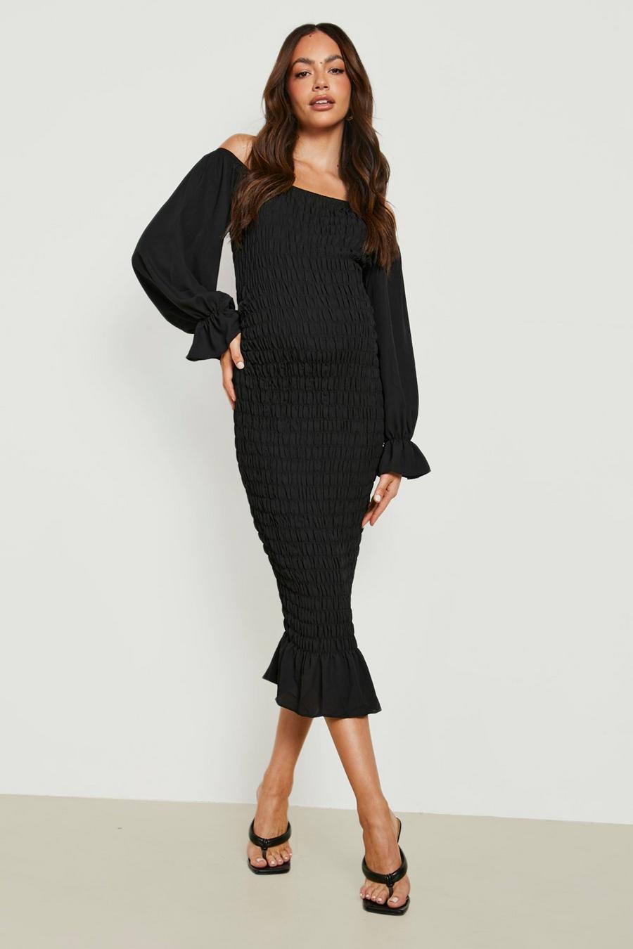 Black Maternity Bardot Shirred Frill Midi Dress image number 1