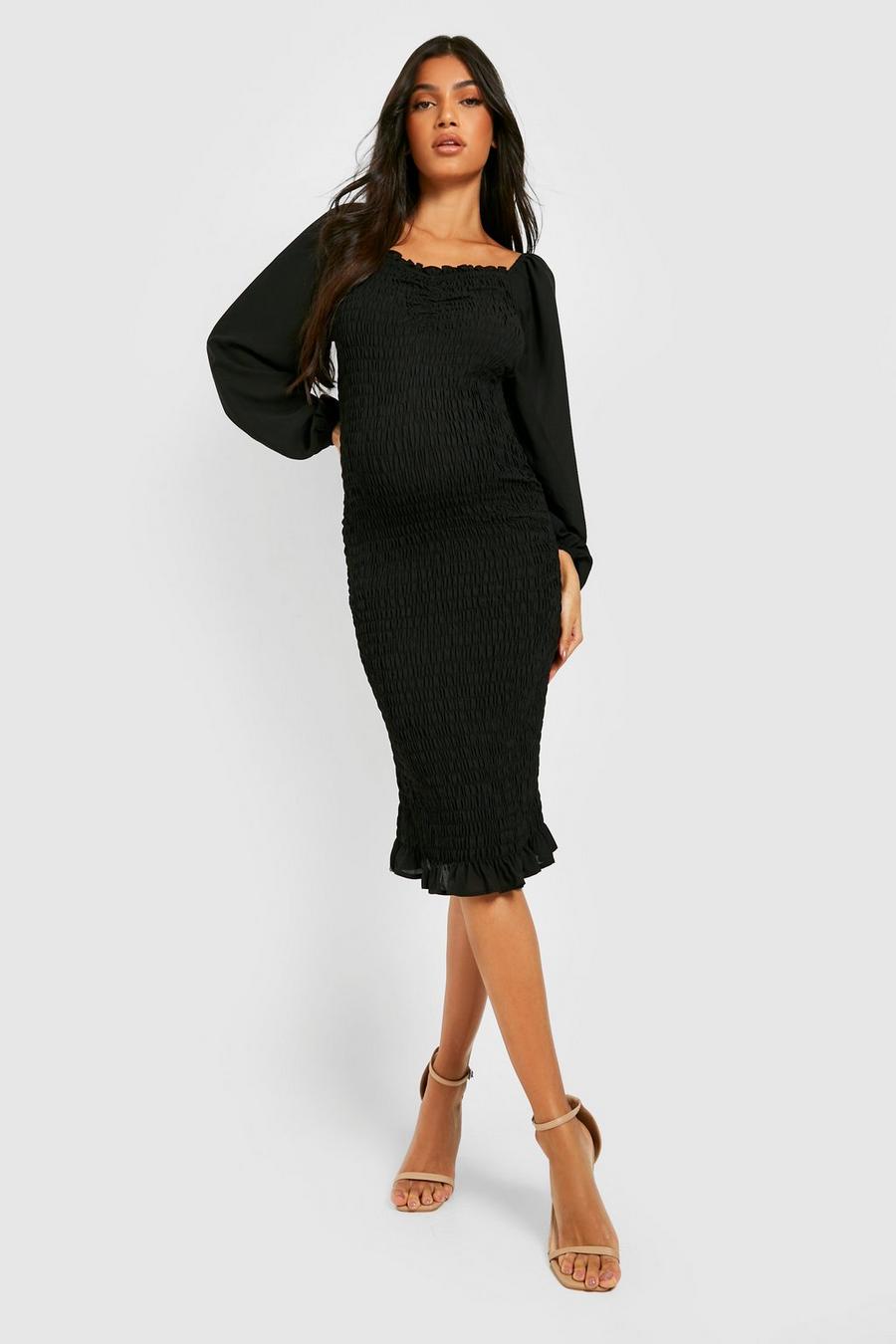 Black Maternity Long Sleeve Shirred Midi Dress