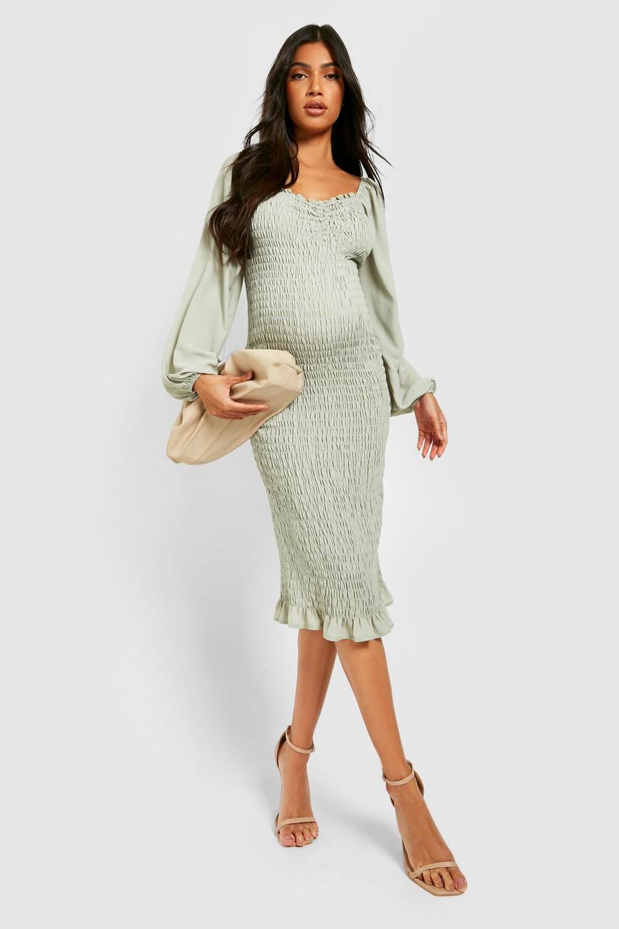 Sage verde Maternity Long Sleeve Shirred Midi Dress