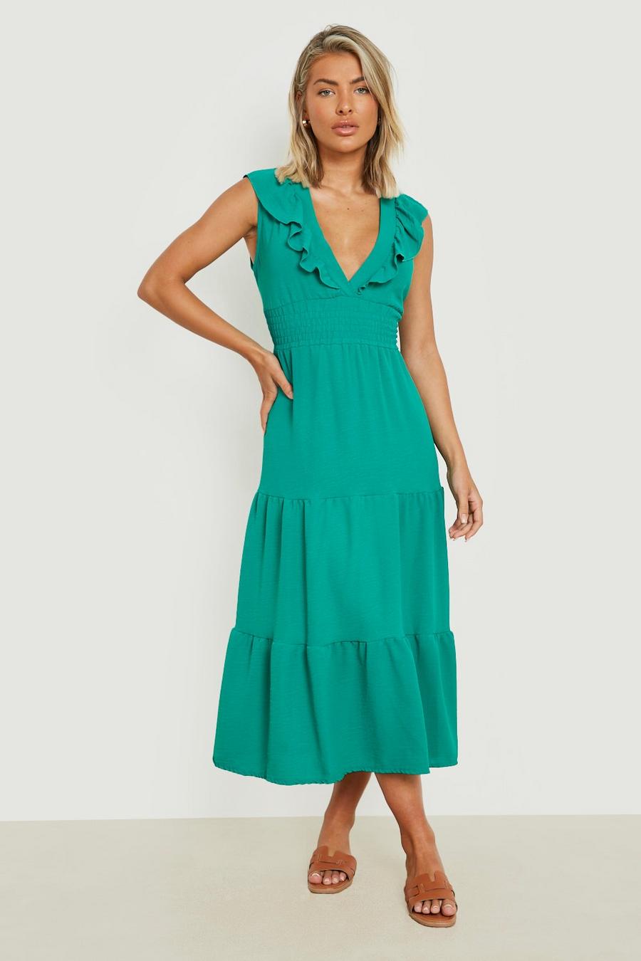 Bright green Frill Detail Shirred Midaxi Dress image number 1