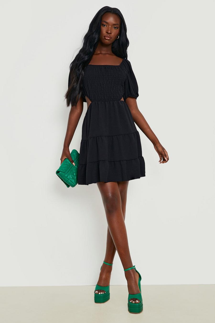 Black Woven Puff Sleeve Cut Out Smock Dress image number 1