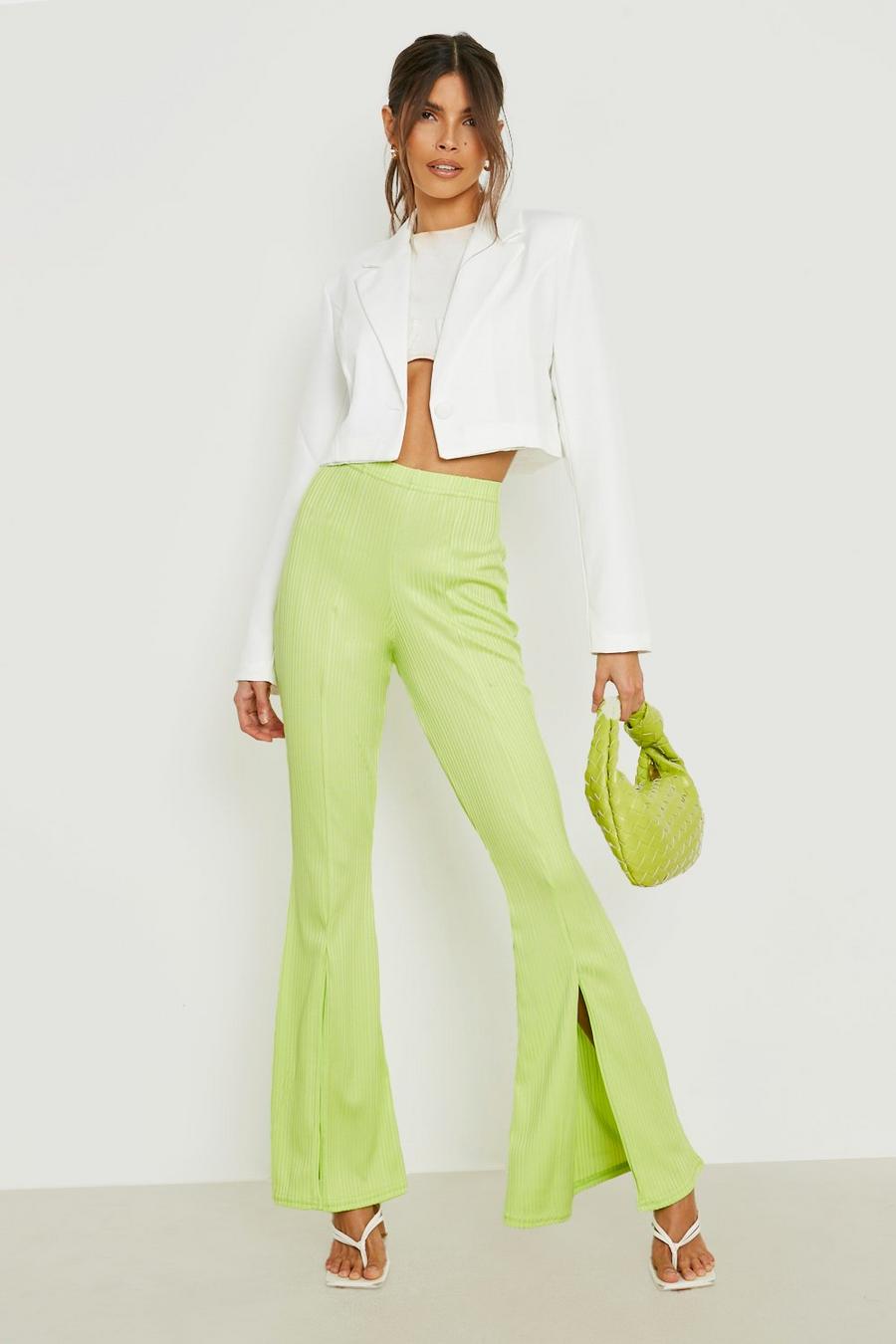 Apple green Split Front Ribbed Flared Trousers image number 1