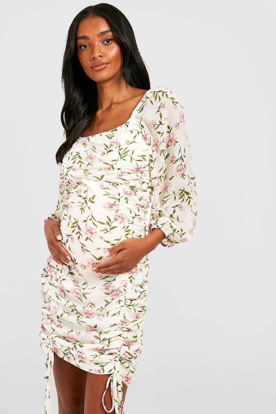 Maternité - Robe de grossesse froncée à imprimé fleuri, White blanc