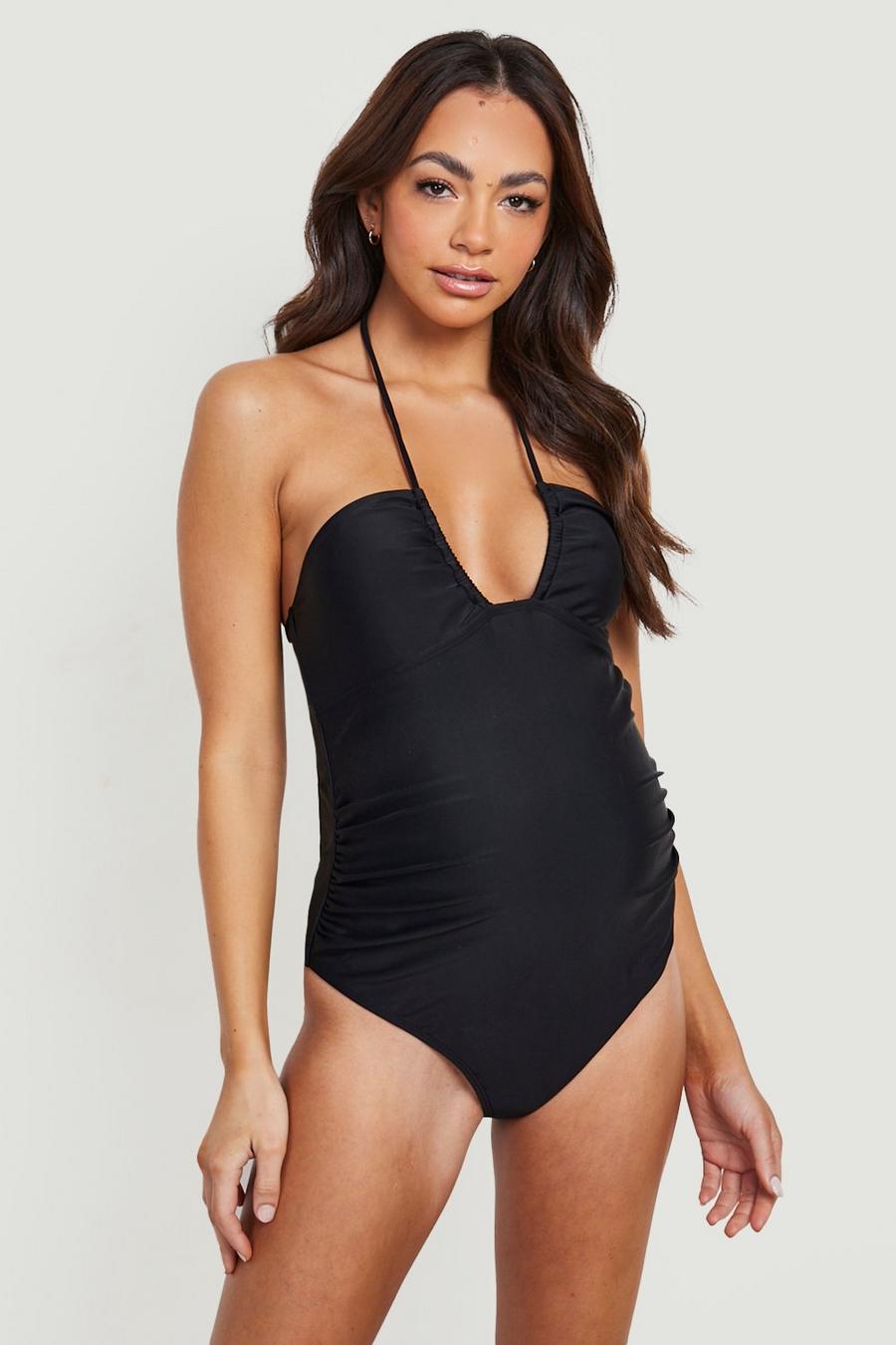 Black Maternity Strappy Halter Swimsuit image number 1