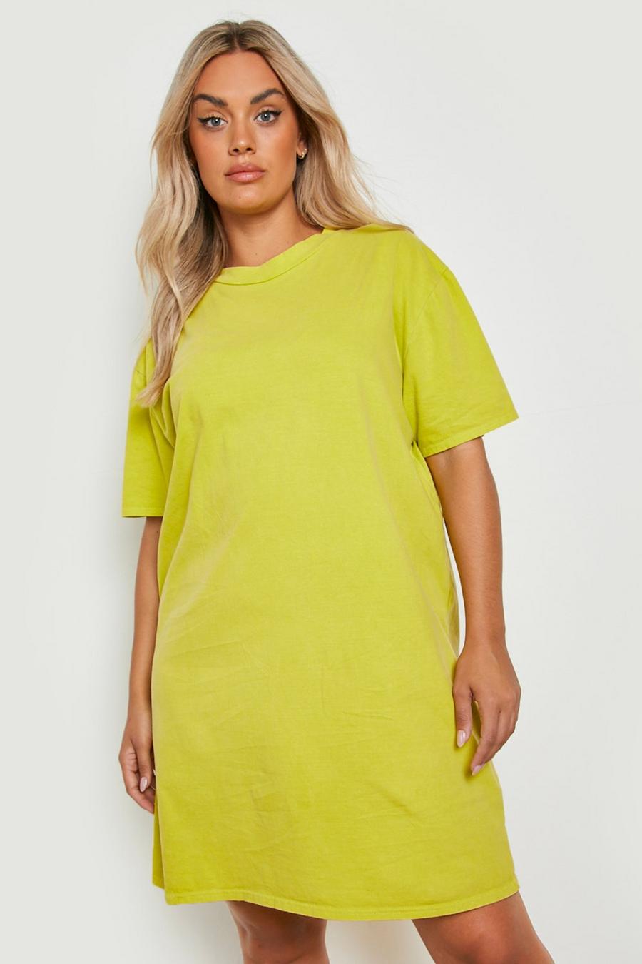 Washed lime gul Plus - Överfärgad t-shirtklänning