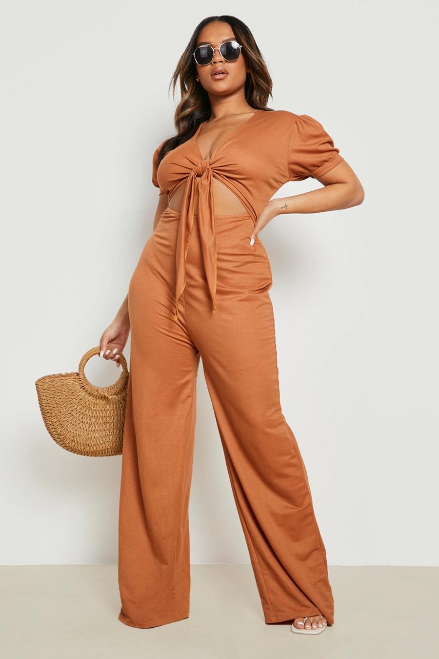 Chocolate Plus Woven Tie Front Wide Leg Jumpsuit image number 1