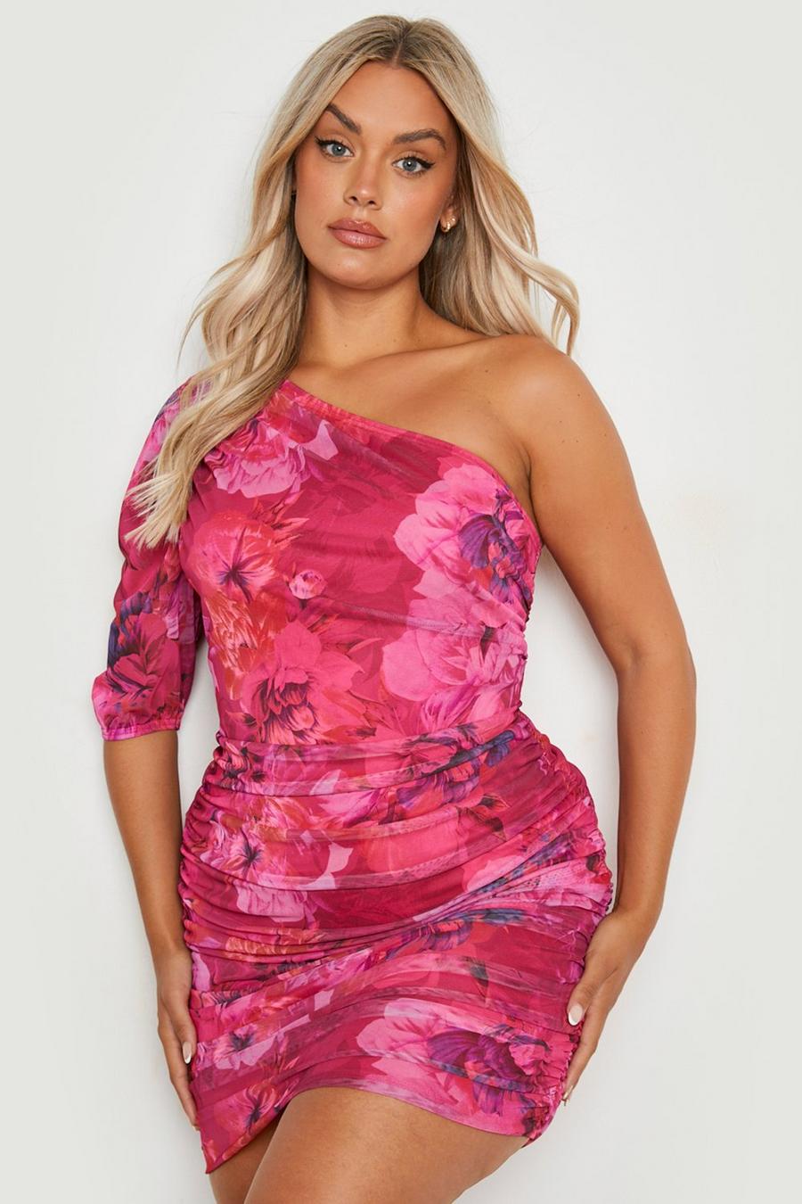Vestito Plus Size monospalla in rete a fiori, Pink image number 1