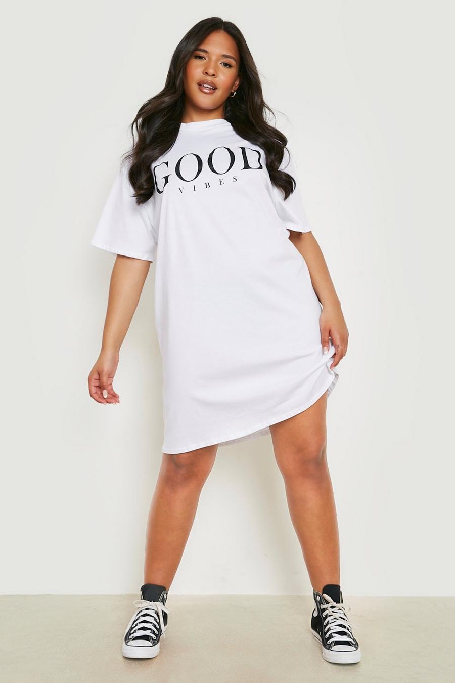 White Plus Good Vibes Slogan T-shirt Dress image number 1
