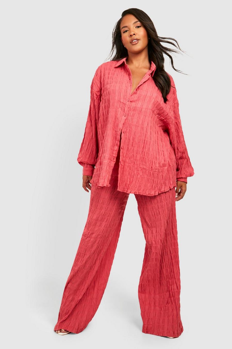 Grande taille - Ensemble texturé avec chemise et pantalon, Pink image number 1