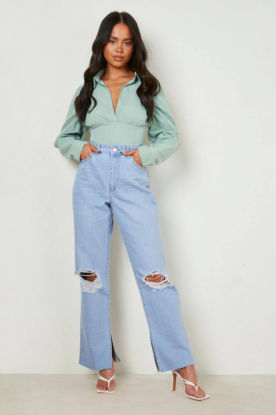 Stonewash Petite Distressed Split Hem Jean  image number 1