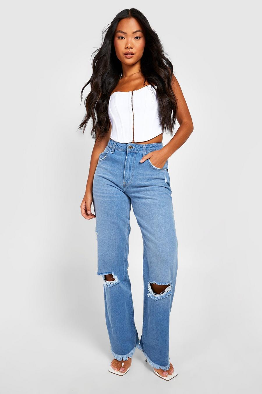 Stonewash blue Petite Straight Fit Busted Jean