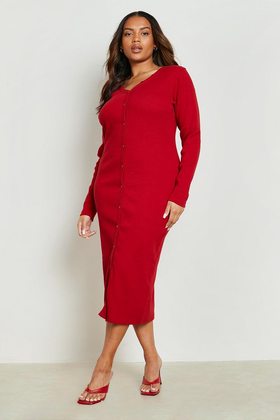 Dark red Plus Knitted Rib Button Through Midi Dress image number 1