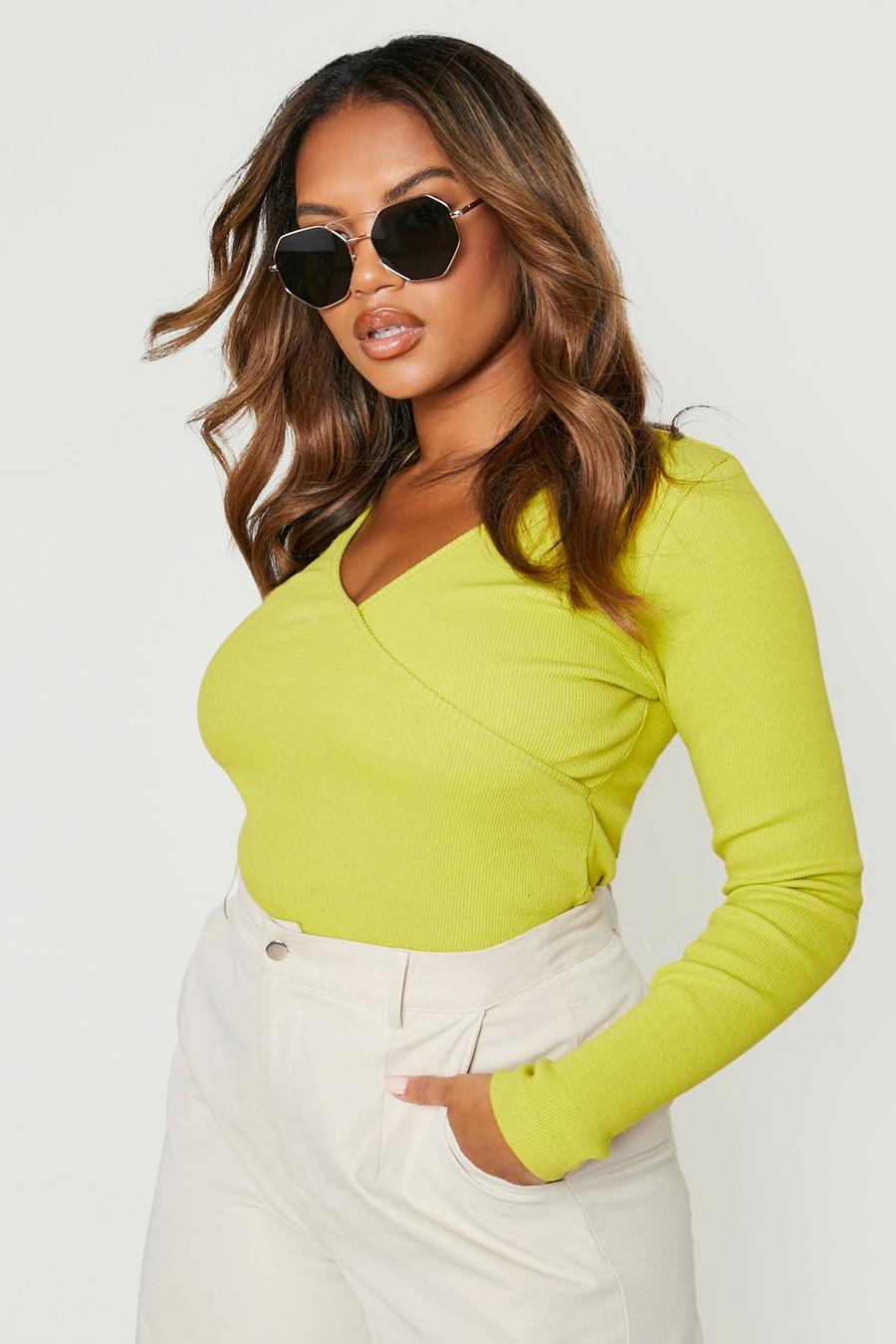 Chartreuse Plus Knitted Rib Wrap Front Bodysuit image number 1