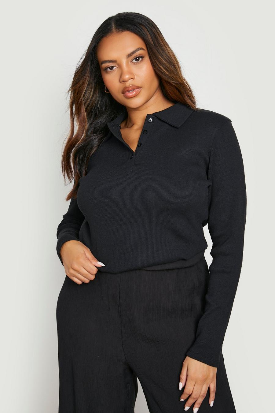 Black Plus Knitted Rib Button Up Polo