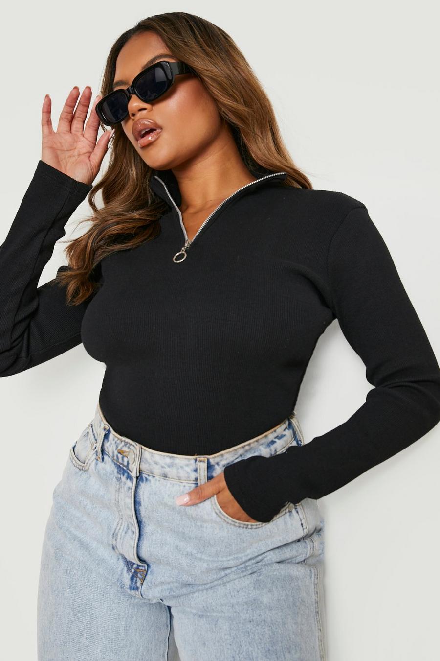 Black Plus Knitted Rib Funnel Neck Half Zip Top image number 1