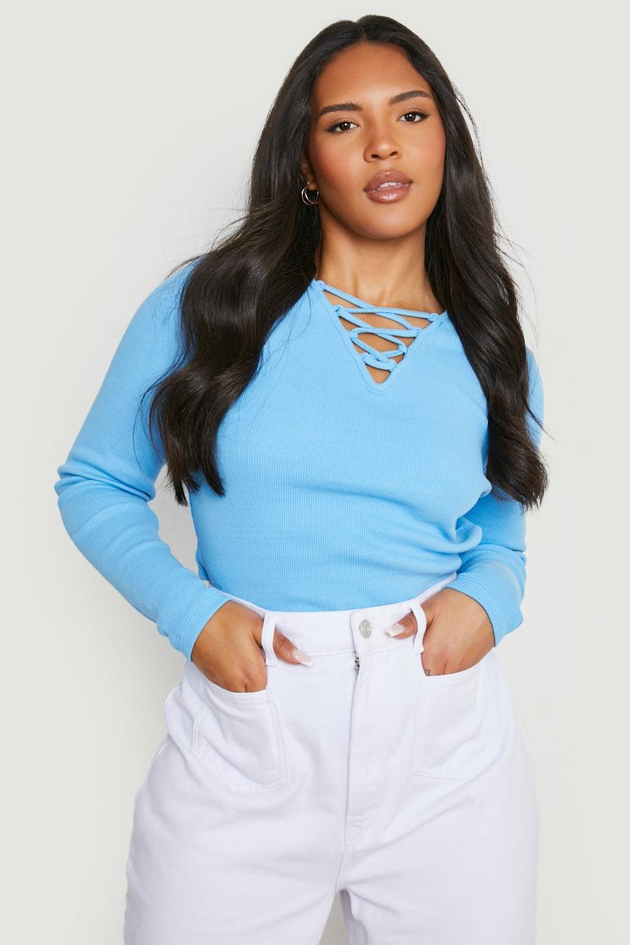 Bright blue Plus Knitted Rib Lace Up Top image number 1
