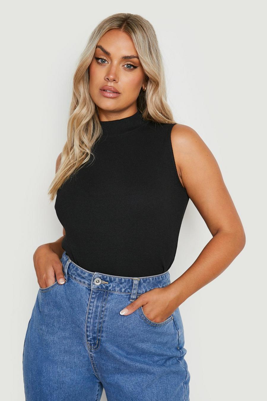Black Plus Knitted Rib Roll Neck Top