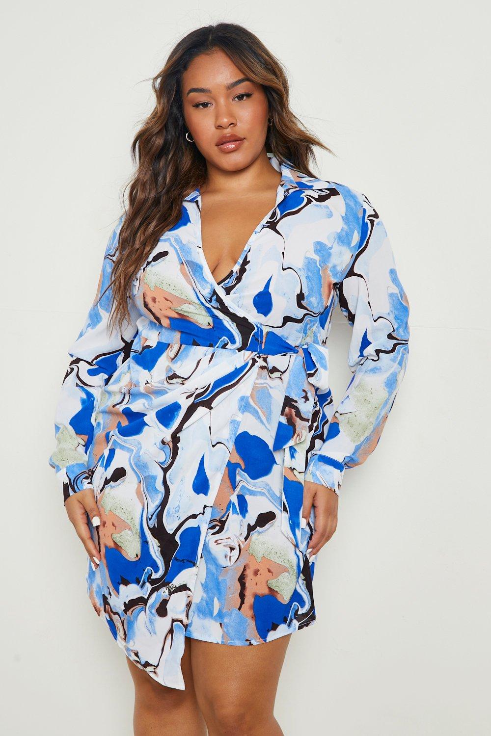 Plus Marble Effect Printed Shirt Dress