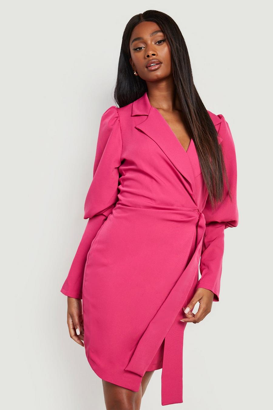 Hot pink (Ve) Puff Sleeve Wrap Tie Blazer Dress