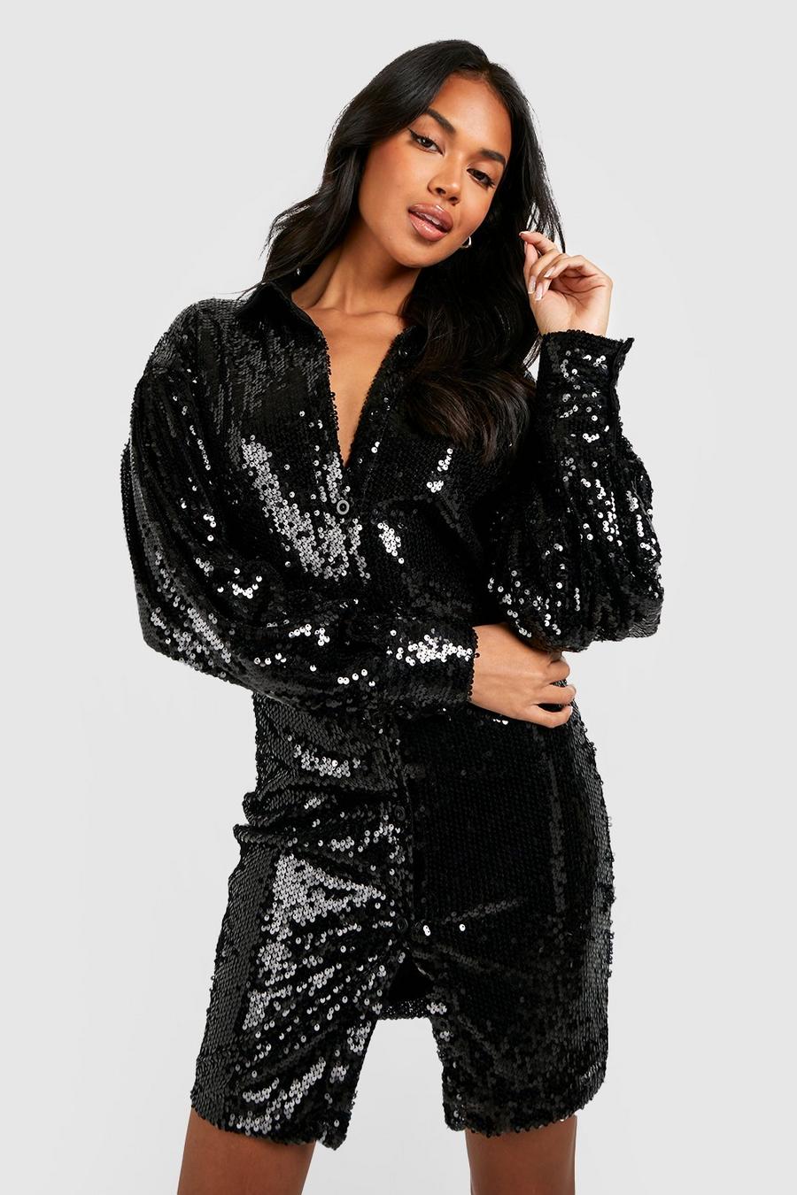 Black Boutique Sequin Fitted Shirt Dress