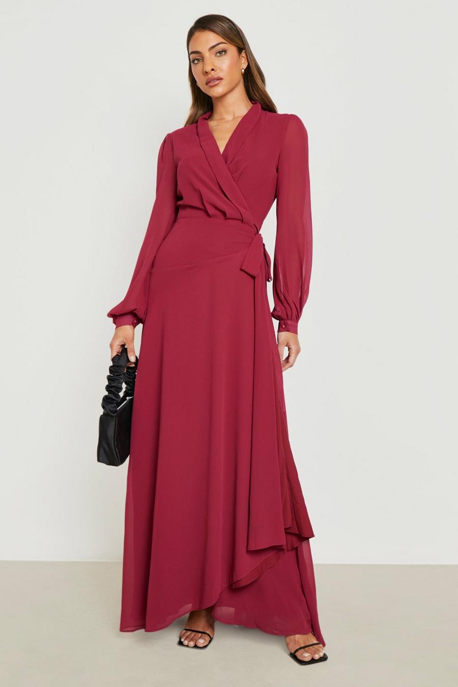Berry Chiffon Wrap Belted Maxi Dress image number 1