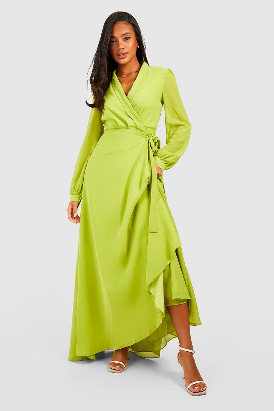 Chartreuse Chiffon Wrap Belted Maxi Dress