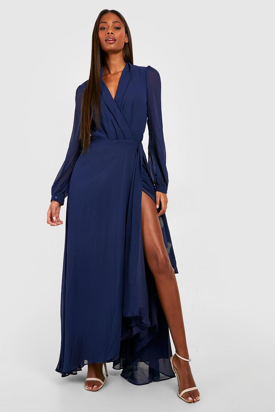 Navy Chiffon Wrap Belted Maxi Dress image number 1