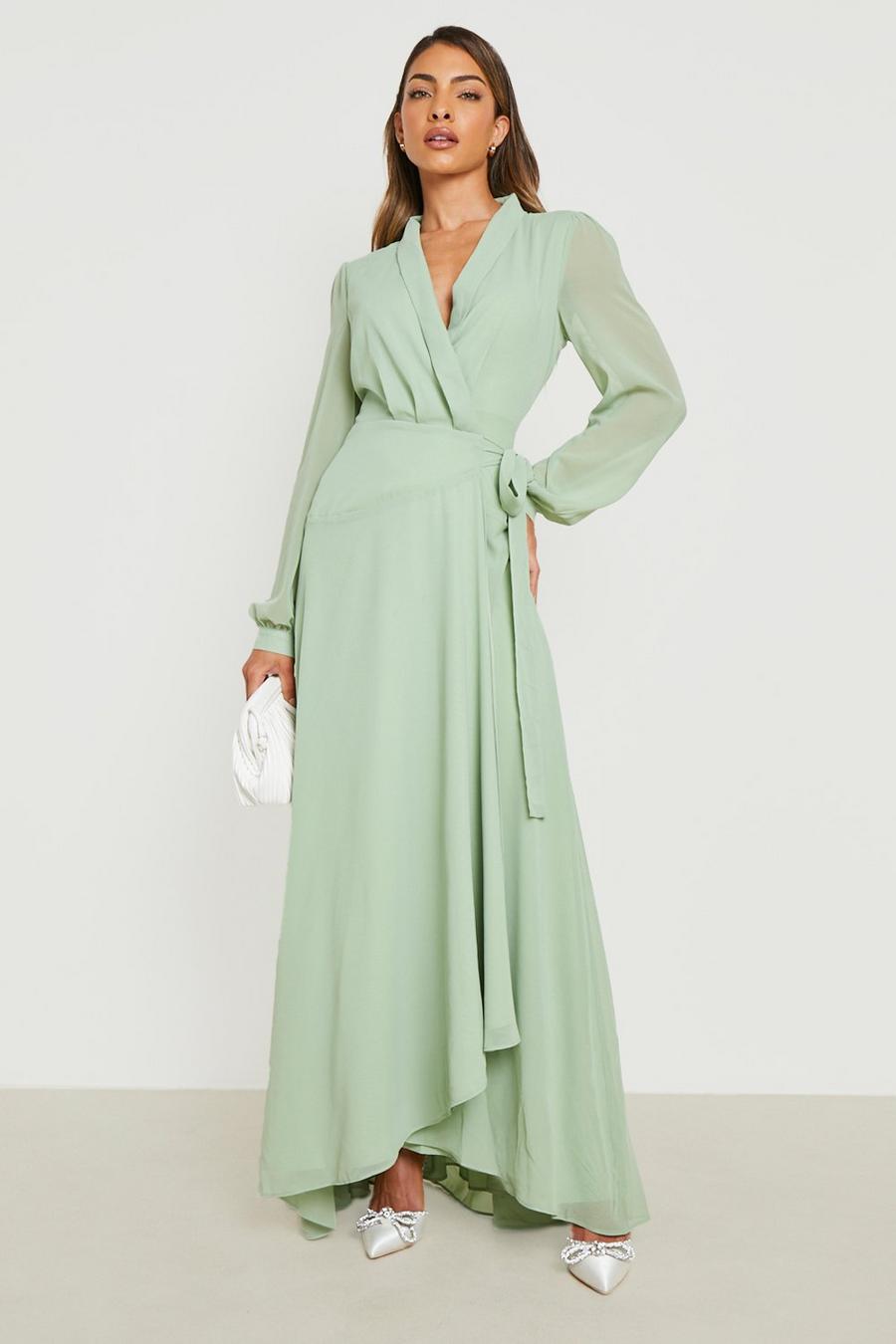 Sage green Chiffon Wrap Belted Maxi Dress