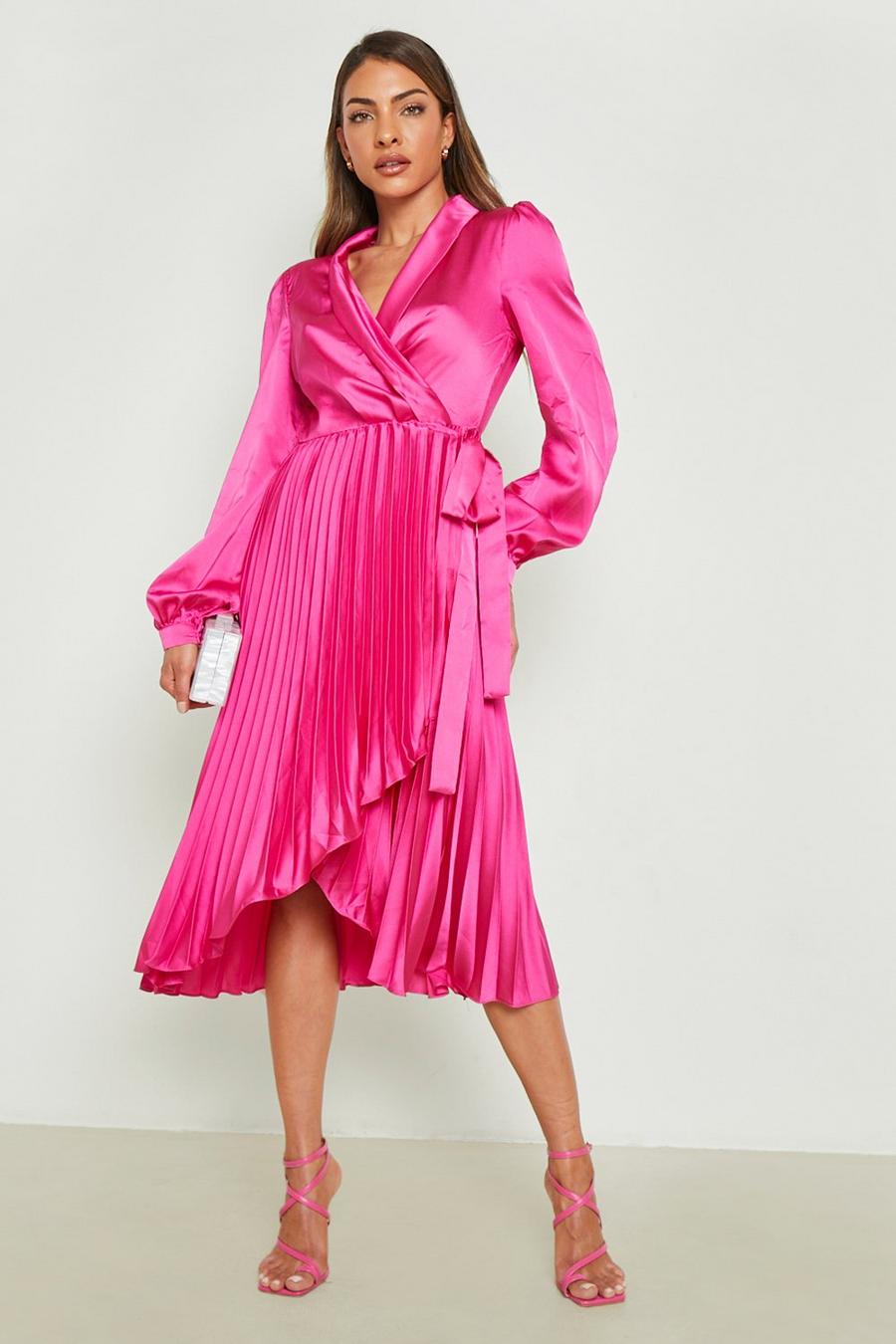 Magenta pink Pleated Satin Wrap Midi Dress