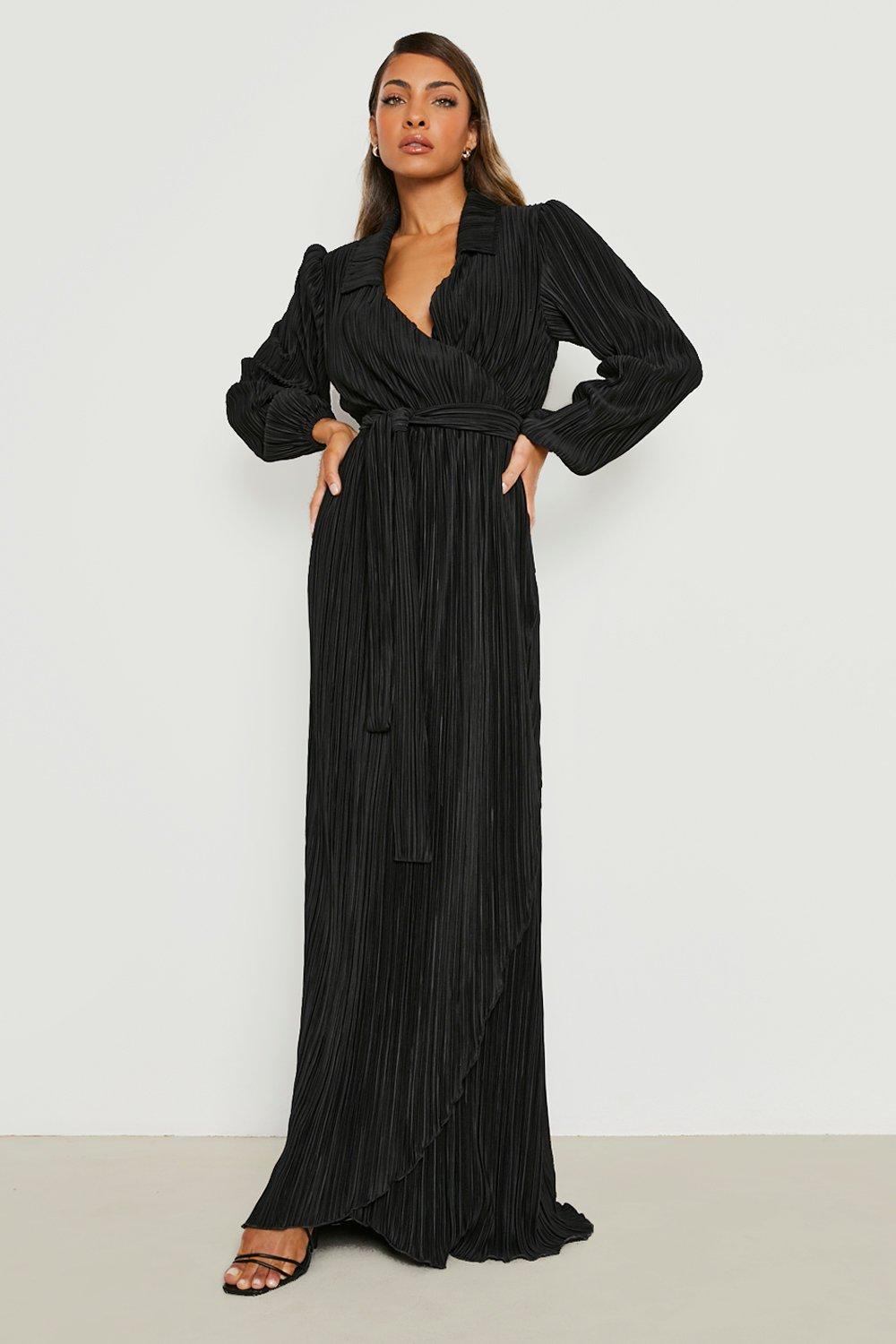 Black plisse wrap store dress