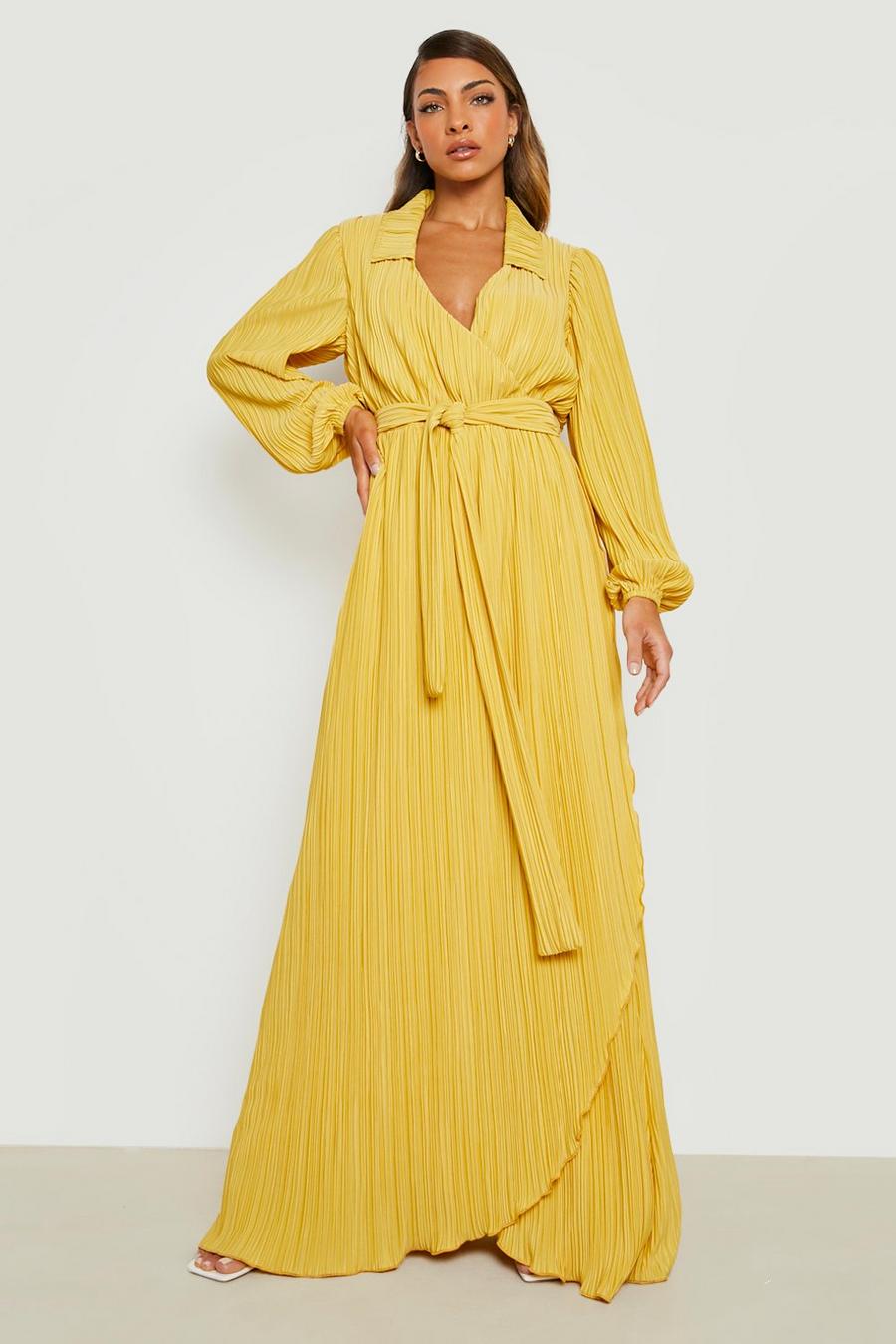 Chartreuse gul Plisse Wrap Maxi Dress