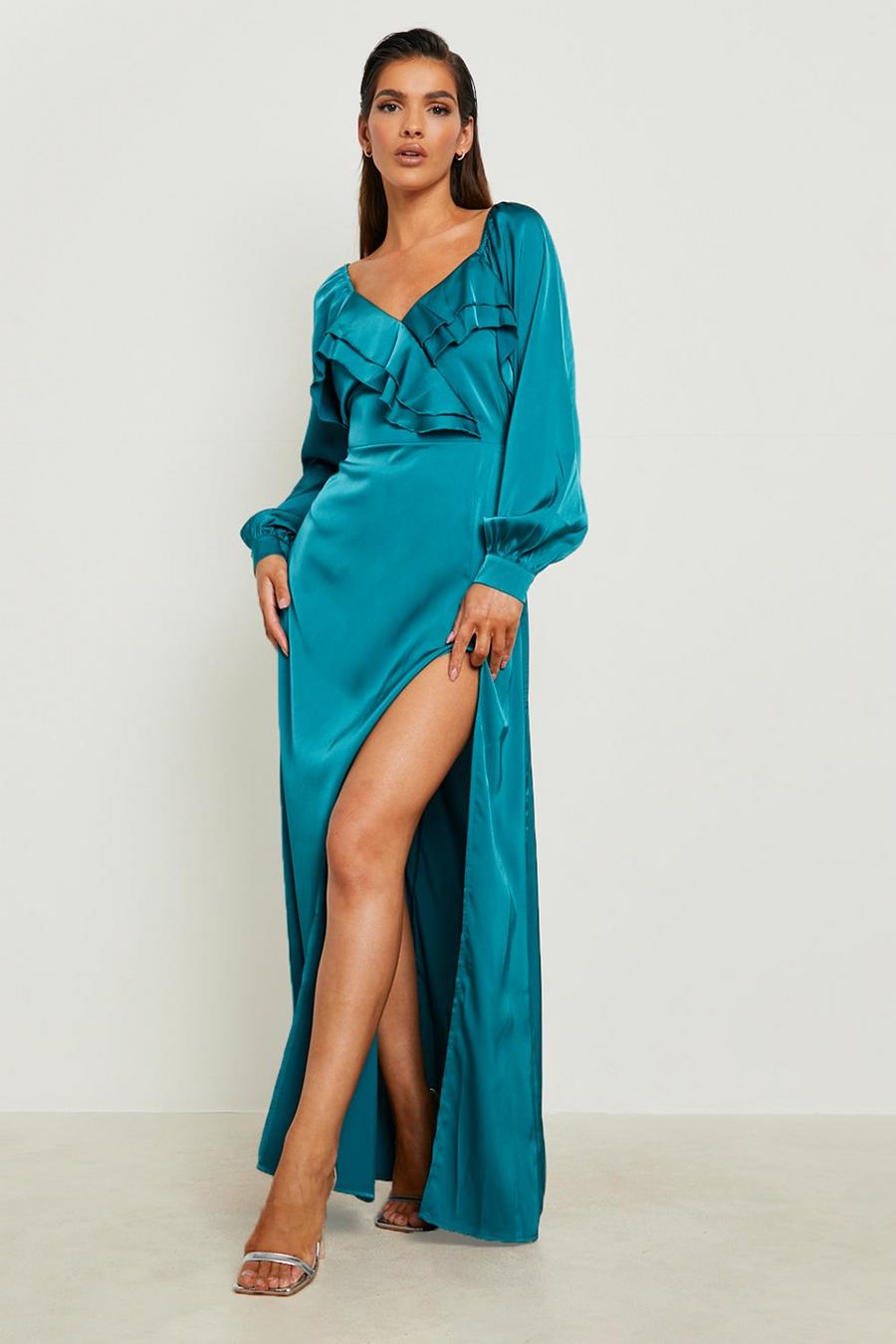 Emerald Satin Blouson Sleeve Ruffle Maxi Dress image number 1
