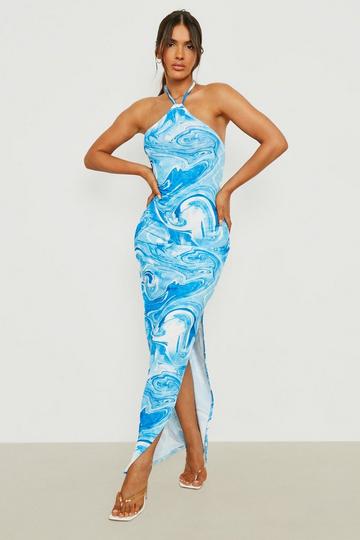 Marble Halterneck Side Split Maxi Dress blue